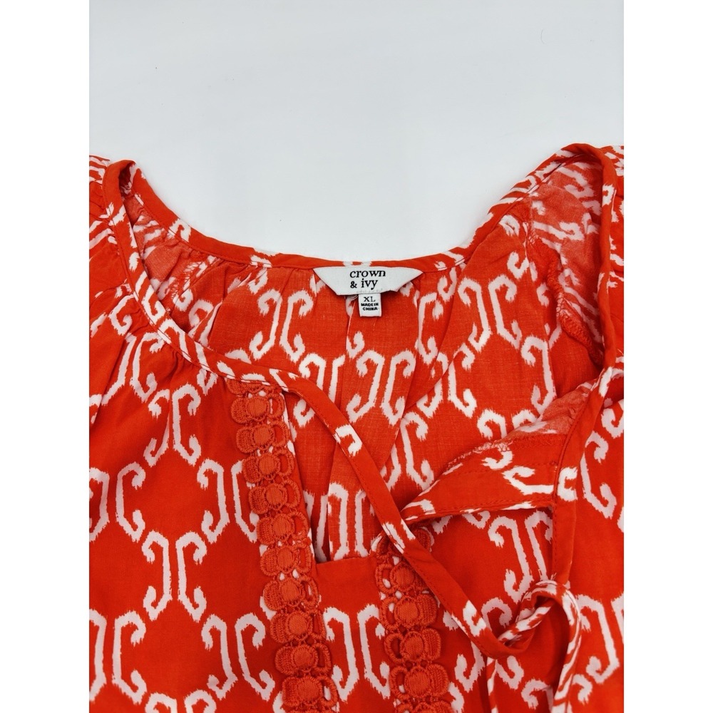 Crown & Ivy Womens XL Orange White Boho Peasant Blouse Tassel Tie 3/4 Sleeve - Picture 3 of 7
